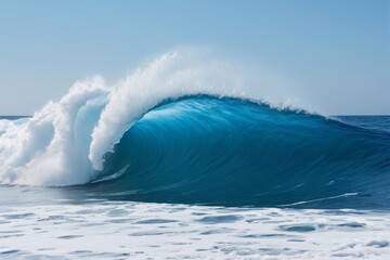surfer riding a large wave in the ocean on a sunny day