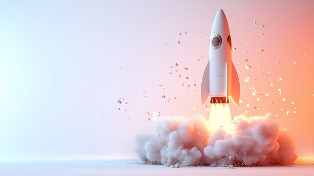 A minimalistic cute rocket launches upwards against a white background, symbolizing hope, ambition, and new beginnings, with a bright light tone and a blurred empty space that enhances the sense of po