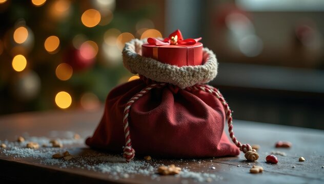 Geschenk in einem dunklen Sack auf einem Tisch, korb, weihnachts