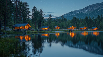 Fototapeta premium Mountain Lake Cabins at Dusk: Charming wooden cabins nestled by a serene mountain lake at dusk, their warm lights reflecting beautifully on the still water. A tranquil scene evoking peace and escape.