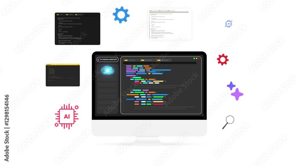 Poster programming and coding with the help of ai coding assistant, 4k animation. infographics, code, progr