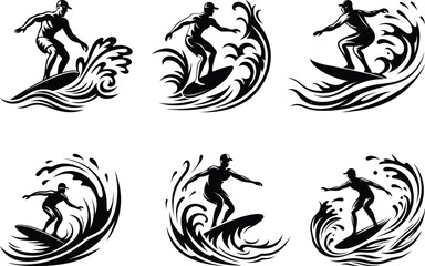 Person surfer riding a wave isolated vector art, Person surfer riding a wave silhouette and line art vector illustration set