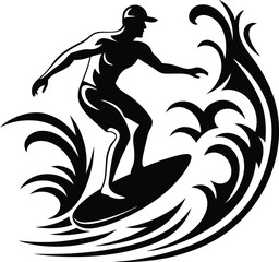 Person surfer riding a wave isolated vector art, Person surfer riding a wave silhouette and line art vector illustration