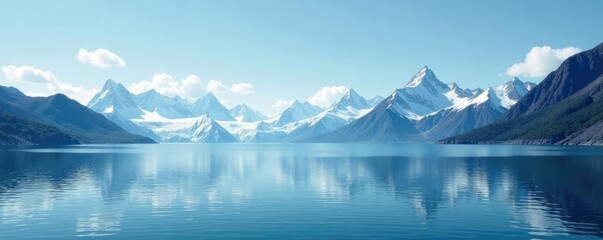 Glacier mountain range with snow-capped peaks in the background of a serene sea, peaceful, calm