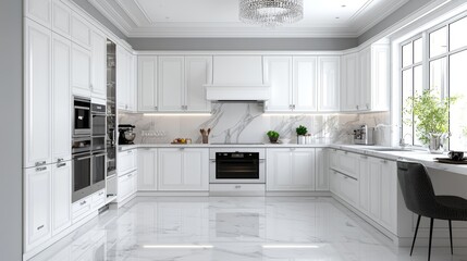 Modern white kitchen interior with marble floor and large windows. Possible use for showcasing luxury kitchen design