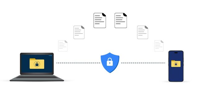 Secure and protected data transfer between laptop and mobile, 4k animation with lock and files. Data, networking, transferring, sharing files