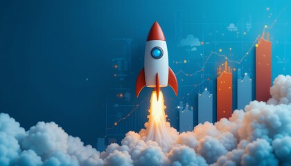 Naklejka premium Successful Business Launch: Rocket Taking Off Towards Growth