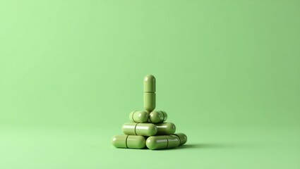 Moringa Capsules. Green pills are stacked on top of each other