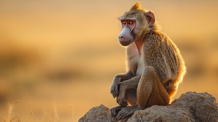 Fierce Baboon sitting on a rocky outcrop its sharp eyes scanning the savanna with golden light casting dramatic shadows on its expressive face and thick fur
