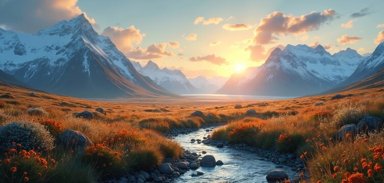 Arctic tundra landscape with river, snow-capped mountains against sun. Grass, flowers grow near water. Beautiful scenery evokes calm, freedom, peace, outdoor travel. Generative AI image. - Powered by Adobe