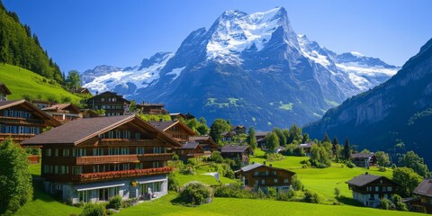 Obraz premium A stunning view of majestic mountains and charming chalets. The landscape features vibrant greenery and clear skies. Perfect for travel or nature themes. Enjoy the scenic beauty. AI