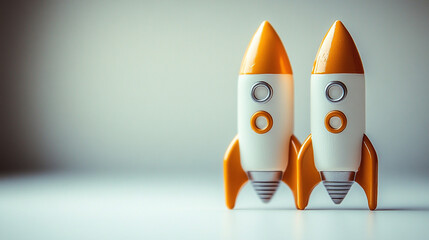 A minimalistic cute rocket launches upwards against a white background, symbolizing hope, ambition, and new beginnings, with a bright light tone and a blurred empty space that enhances the sense of po