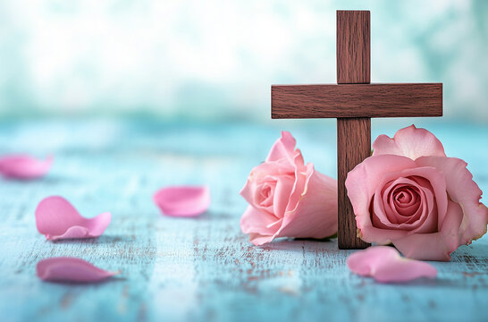 Croce con rose e sfondo di assi di legno azzurre. Spazio per testo o messaggio. Pasqua.