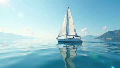 Sailboat cuts through glassy calm sea with white sails, calm, sailboat, sail