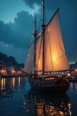 Obraz premium Sailboat adorned with lanterns and lights in harbor, rustic charm, peaceful sailing
