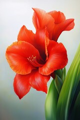 Closeup Vibrant Red Amaryllis Flowers with Green Stems Against White Background