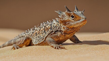 Fierce Horned Lizard camouflaged against the desert sand its spiky body blending into the terrain beady eyes scanning for danger