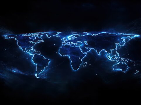 Glowing world map, digital energy, global network, dark background, website banner - Powered by Adobe
