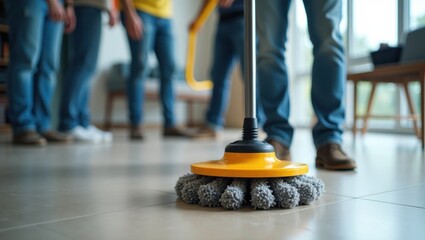 Fototapeta premium Power Scrubber. Person cleaning floor with electric mop machine in mod