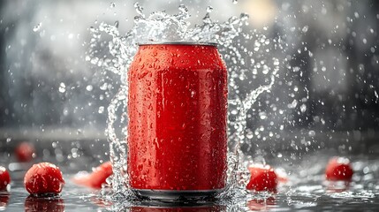 Red Can with Splash, Water, Berries