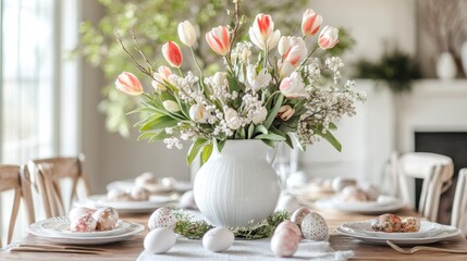 Bright and festive Easter table with a white vase, blooming tulips, and painted eggs, natural daylight