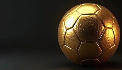 Fototapeta premium Golden soccer ball isolated on black background. Shiny, reflective football object for sports themed design. 3D sphere used in advertising, creative projects, awards. Championship, victory