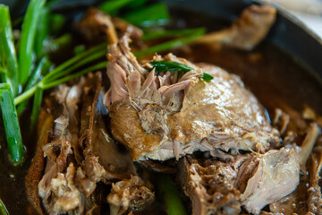 close-up of the duck meat on the duck stew