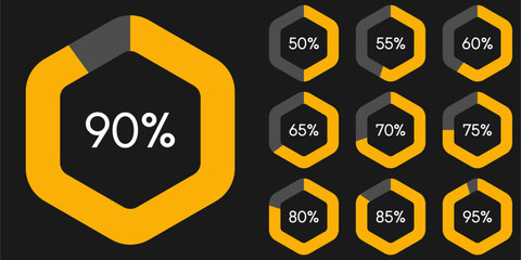 Hexagon percentage pie chart diagrams infographic template from 50 to 95 numbers.Set of hexagon percentage diagram on black background vector illustration.