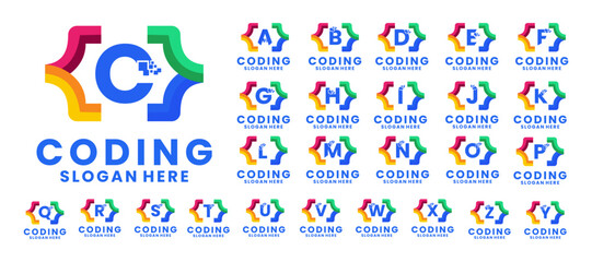 Big set of Initial letter with Coding logo design. Coding Identity logo vector template collections