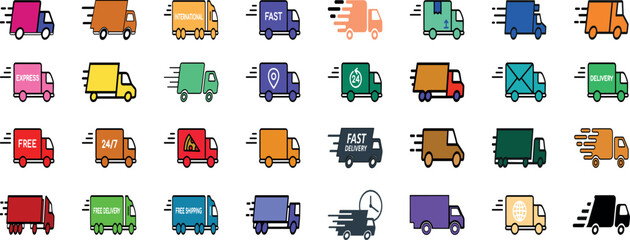 Naklejka premium Shipping fast icon in flat style. Delivery truck vector illustration on isolated background. Express logistic sign