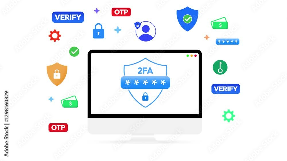 Poster two factor authentication 4k animation with colorful shapes floating around the computer screen. sec