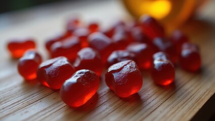 Shilajit Gummies. Red gummy bears candies close-up on wooden surface,
