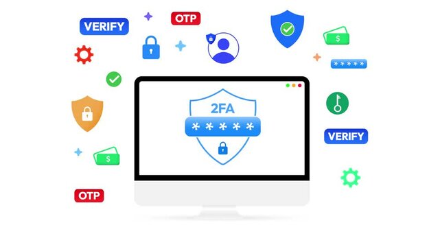 Two Factor Authentication 4k Animation with colorful shapes floating around the computer screen. Security, protection, login, user, lock, secure method, one time code