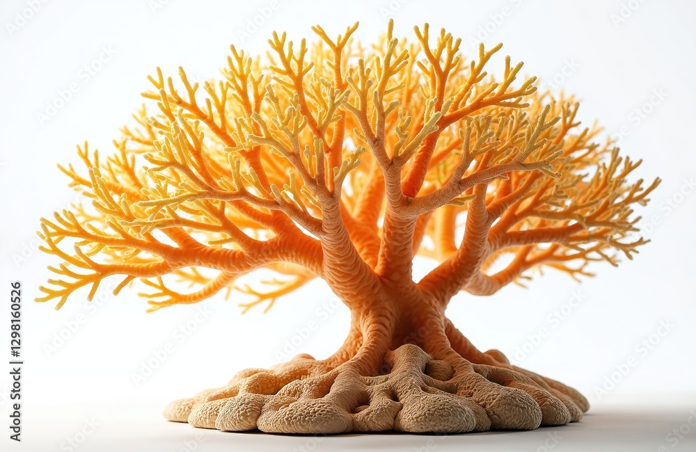 Poster Isolated coral tree with yellow branching structure, intricate patterns on white backdrop. No people. Underwater nature, undersea life, ocean, tropical climate. Reef environment. Tranquil scene.