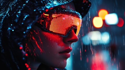 Glowing cyberpunk neon darkness concept. A close-up of a person wearing reflective orange goggles in the rain, illuminated by vibrant city lights, creating a moody, atmospheric scene.