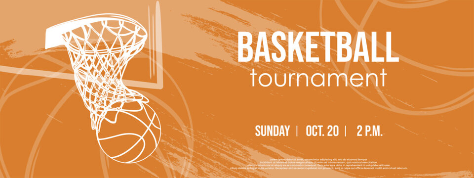 Creative background with basketball hoop and ball. . sport game event invitation. Scoring goal. Basketball tournament. Vector grunge backdrop and graphic illustration