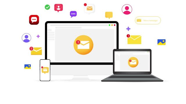 Unread and new messages on the devices, computer, laptop, mobile, email notification on smartphone. 4K Animation showing message notifications across all devices