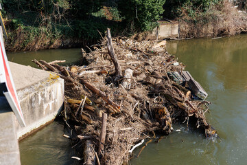 Mass of tangled dead drift wood  logs dried foliage waste garbage accumulate concrete  blocking...