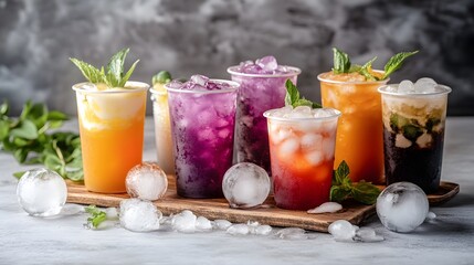 Refreshing Iced Drinks Variety, Colorful Summer Beverages with Mint