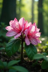 Obraz premium Carpathian rhododendron flowers in the forest undergrowth, blooming, springtime, pinkish