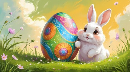 A charming white bunny leans against a large, colorfully decorated Easter egg in a vibrant meadow filled with pink flowers under a golden sky.