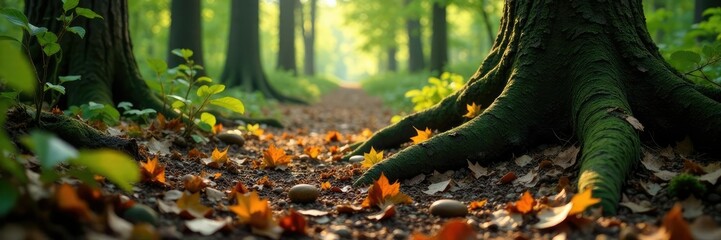 Obraz premium Dense forest floor texture with walnut tree roots and fallen leaves, wood, forest