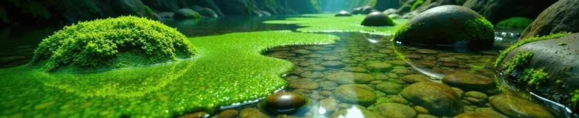 Dense green algae covering river stones and pebbles, aquatic life, natural phenomenon