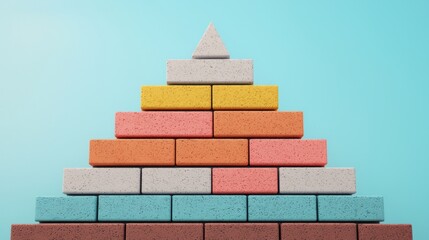 Obraz premium Colorful stacking blocks arranged in a pyramid shape on a light blue background, perfect for playful learning.