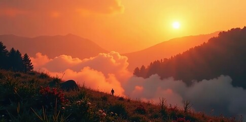 Naklejka premium Dense mist rises from the ground, veiled in a warm orange haze, warm, mystical