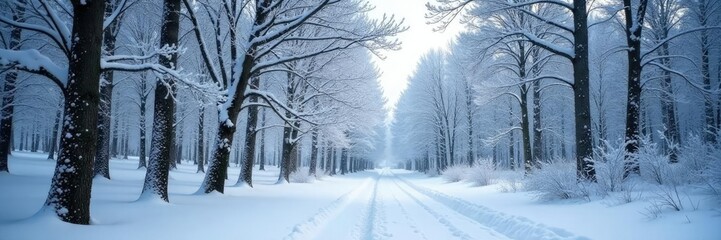 Dense snow-covered forest with bare tree branches, winter wonderland, snowfall