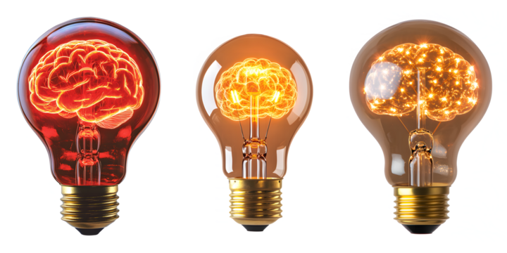 Conceptual-glowing-light-bulbs-with-brain, neural network, and innovation-sparks