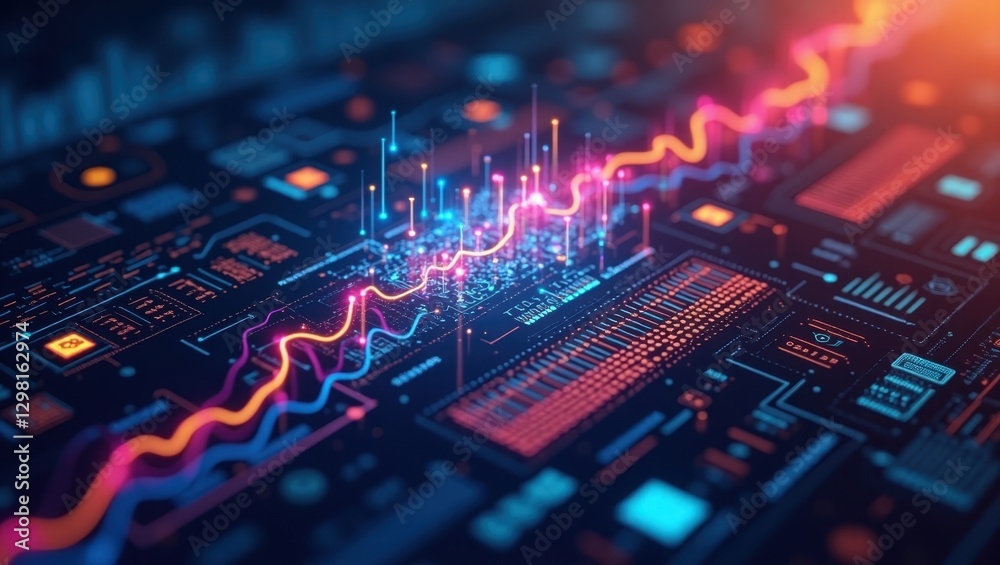 Poster tokenization. electronic circuit board is displaying colorful line of data