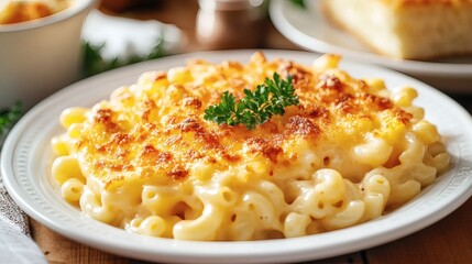 Classic comfort food: Mac and cheese, baked with a cheesy crust and garnished with fresh parsley.