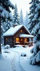 Dense snowflakes fall around the cabin's wooden exterior, snowy forest, woodland, rustic charm